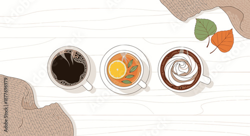 Three Coffee Cups with Different Beverages.