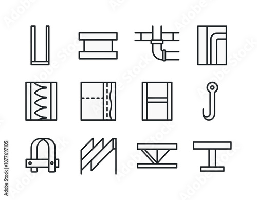 Pipe Routing Icons. In-wall pipe routing diagram. Line icon set of structural context: wall stud outline, floor slab, dropped ceiling profile, pipe chase, wall