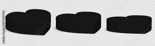 3d heart podium with black platform set with love shape for valentine day display. Pedestal stand with realistic shadow background. Vector isolated stage template mockup for product showcase