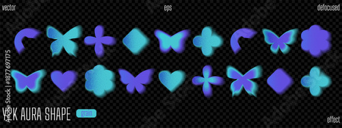 Abstract y2k gradient blur. Blue flower heart and butterfly shape aura. Blurry effect with neon glow. Cute trendy vector design with aura light on transparent background. Purple decorative figure