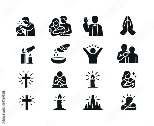 Baptism Icon Set. Baptismal moments. Solid icon set of baptismal moments: child being blessed, parent support, pastor gesture, prayer hands, candle lighting,