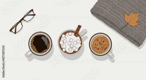 Three Coffee Cups with Different Toppings.