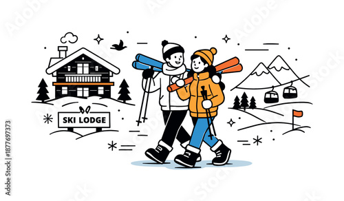 Ski Resort Bliss. Winter Travel and Ski Resort Graphics. Friendly couple in winter clothes walking near a ski lodge, carrying skis and enjoying the scenery.