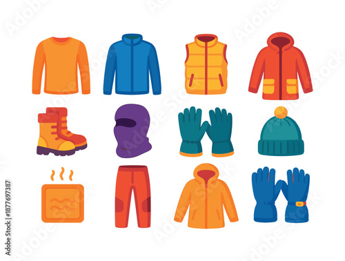 Cold Weather Gear Icons. Outdoor cold layering. Colorful flat vector icons set of outdoor cold layering: thermal shirt, fleece jacket, insulated