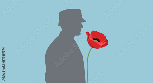 Man Silhouette Smelling Red Poppy Flower.