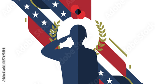 Silhouette of Soldier Saluting with Poppy.