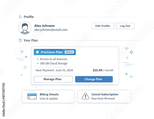 Subscription Management Interface. Service subscription management interface. Abstract app scene with user profile, active plan and change options, calm