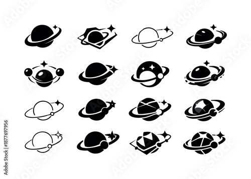 Intergalactic Icons Grid. Intergalactic travel. Icon set. Set Logo of Intergalactic travel: interstellar route map. harmonious logo variations of the same