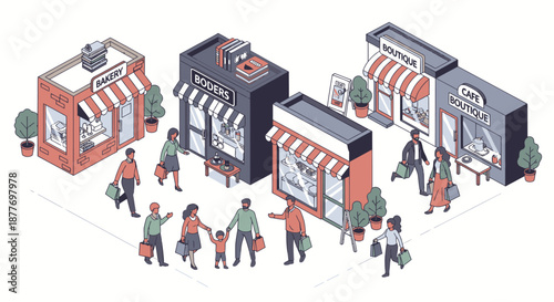 Isometric Illustration of People and Shops.