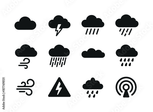 Stormy Weather Icons. Stormy clouds. Solid icon set of Stormy clouds: dark cloud, lightning bolt, rain cloud, thunderstorm icon, wind swirl, heavy downpour,