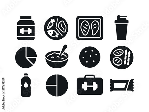 Fitness Meal Icons. Fitness meal prep. Solid icon set of fitness meal prep: protein container, balanced plate, lean meat pack, meal shaker, macro chart,