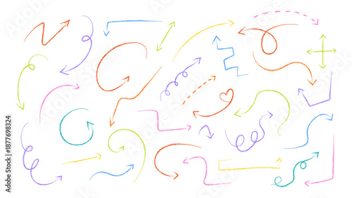 Set of colorful hand drawn arrows. Doodle crayon elements. Isolated vector illustration.