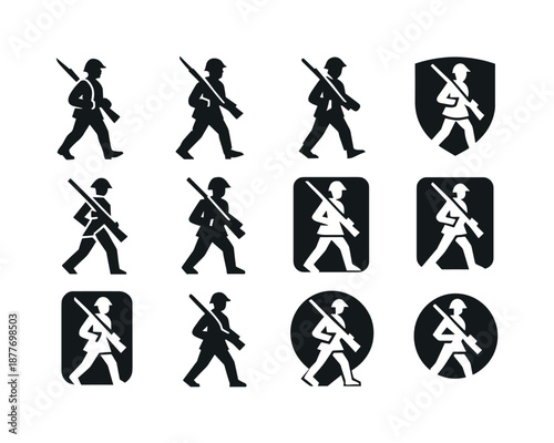 Military History Icons. Historical battlefields and military history tours. Icon set. Set Logo of Historical battlefields and military history tours: Marching
