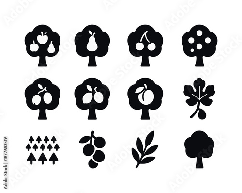 Black Fruit Tree Icons. Fruit trees. Solid icon set of fruit trees: apple tree, pear tree, cherry tree, orange tree, plum tree, lemon tree, peach tree, fig