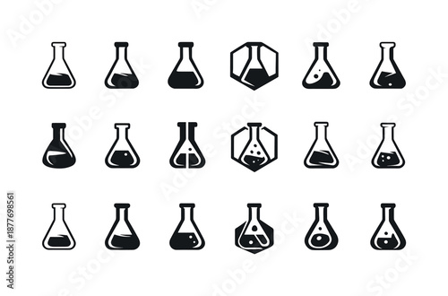 Volumetric Flask Icons. volumetric flasks. Icon set. Set Logo of volumetric flasks: abstract flask geometry. harmonious logo variations of the same emblematic