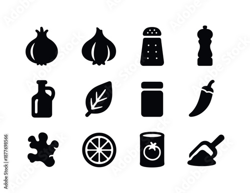 Kitchen Ingredient Icons. Kitchen ingredients. Solid icon set of kitchen ingredients: onion, garlic, salt shaker, pepper grinder, olive oil bottle, herb leaf,