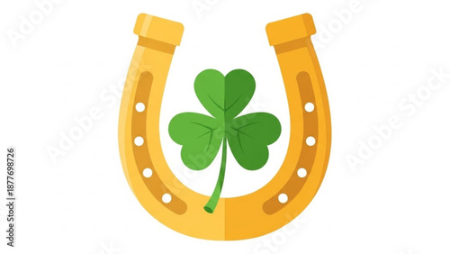 Golden Horseshoe with Four-Leaf Clover Isolated on White Background