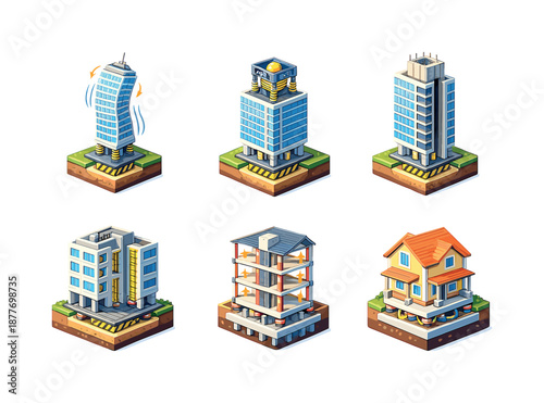 Seismic Architecture Icons. Seismic architecture. Isometric flat vector icons set of Seismic architecture: flexible high-rise building, tuned mass damper on