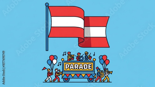 Austrian Flag Parade Float with People Celebrating on Blue Background