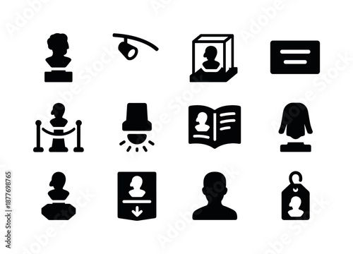 Sculpture Display Icons. Sculpture display and presentation. Solid icon set of sculpture display and presentation: display pedestal, gallery light, glass case,