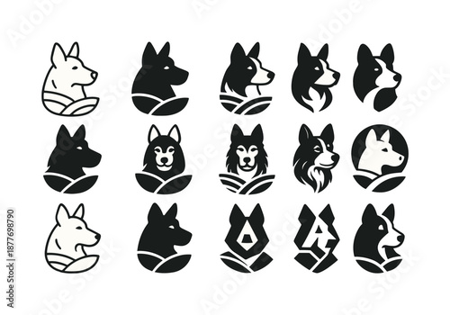 Farm Dog Logos. farm dog. Icon set. Set Logo of farm dog: herding dog head. harmonious logo variations of the same emblematic concept, each with different