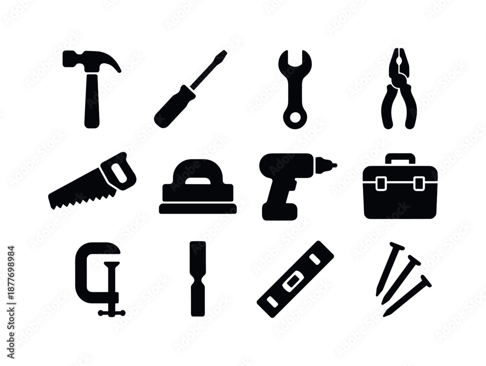 Obraz premium DIY Workshop Icons. DIY workshop. Solid icon set of DIY workshop: hammer, screwdriver, wrench, pliers, hand saw, sanding block, drill silhouette, toolbox,