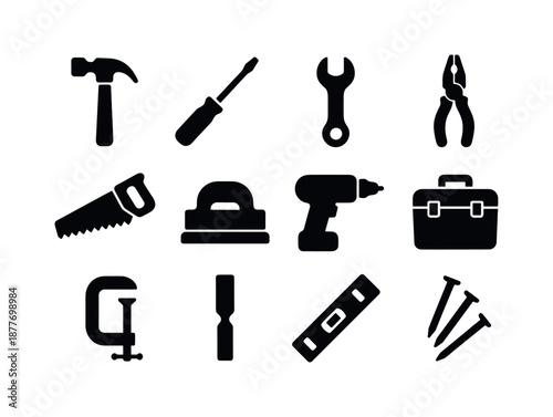 DIY Workshop Icons. DIY workshop. Solid icon set of DIY workshop: hammer, screwdriver, wrench, pliers, hand saw, sanding block, drill silhouette, toolbox,