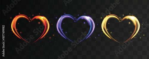 Set glowing multicolor neon heart light trails isolated on transparent background.