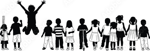 Children silhouettes holding hands jumping and standing kids group illustration friendship unity diversity isolated on white background playful childhood concept togetherness