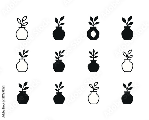 Flower Vase Icons. Tabletop flower vase. Icon set. Set Logo of tabletop flower vase: rustic vase with twig. harmonious logo variations of the same emblematic