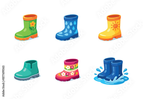 Colorful Rain Boot Icons. Seasonal rain boot vectors. Isometric flat vector icons set of Seasonal rain boot vectors: summer garden boots, raindrop pattern