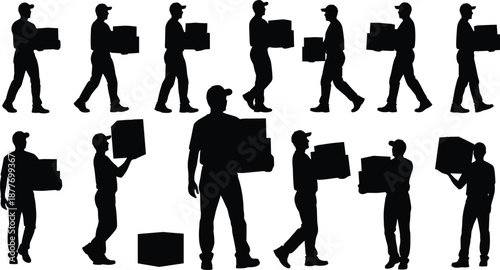 Delivery worker silhouettes carrying boxes logistics courier service poses isolated on white background shipping transport warehouse workforce illustration concept