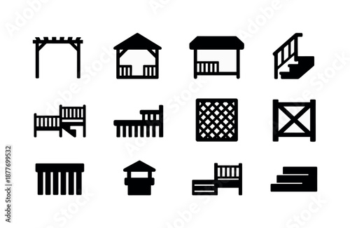 Deck Structures Icons. Deck structures. Solid icon set of deck structures: pergola, gazebo outline, canopy shade, step railing, multi-level deck, built-in