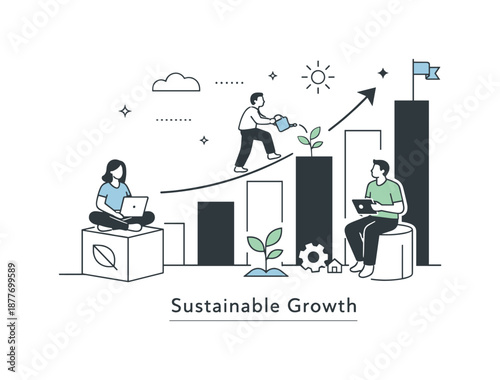 Sustainable Growth Illustration. Sustainable growth. A calm editorial composition showing steady upward movement balanced by stable foundations. The