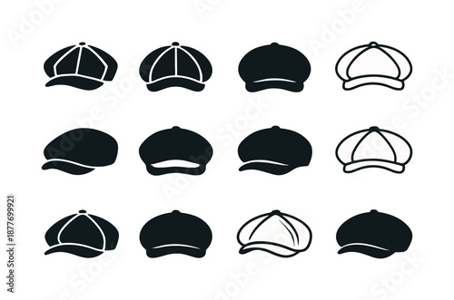 Newsboy Cap Icons. Newsboy cap. Icon set. Set Logo of Newsboy cap: Vintage wool cap: Abstract geometric, Symmetrical form, Filled silhouette, Minimal outline,
