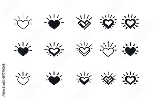 Grateful Heart Logos. grateful heart. Icon set. Set Logo of grateful heart: abstract grateful symbol merging heart and rays. harmonious logo variations of the