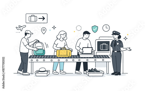 Airport Security Scene. Airport travelers security check. Passengers placing bags on a conveyor belt with clear gestures and simple icons. Order, safety, and