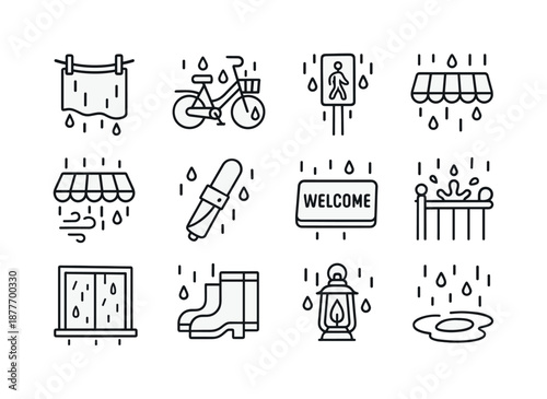 Rainy Day Icons. Rainy Day. Line icon set of rainy day: dripping clothesline, soaked bicycle basket, wet crosswalk signal, rain-beaten awning, umbrella strap