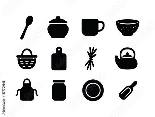Rustic Kitchen Icons. Rustic kitchen. Solid icon set of rustic kitchen: wooden spoon, clay pot, vintage mug, textured bowl, woven basket, cutting board, herb