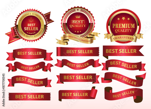 Best seller sticker label set with gold medal and red ribbon isolated fit for mark best seller, best quality, premium quality product, book cover label banner	