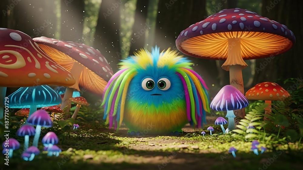 Fototapeta premium A vibrant, rainbow creature stands amidst colorful fungi in a lush, sunlit forest, viewed from a slightly elevated perspective.
