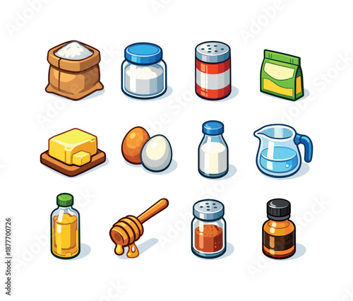 Colorful Baking Ingredients Icons. Baking ingredients. Colorful isometric vector icons set of baking ingredients: flour bag, sugar jar, salt tin, yeast packet,