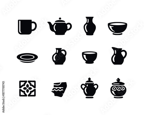 Ceramic Icon Assortment. Ceramic items. Solid icon set of ceramic items: ceramic mug, teapot, vase, bowl, plate, small jug, clay cup, pitcher, ceramic tile,