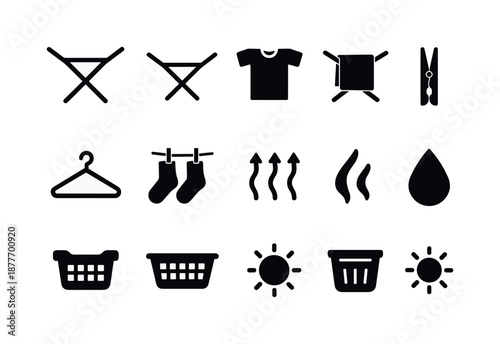 Laundry Icon Set. Laundry drying rack. Solid icon set of Laundry drying rack: drying rack, folded rack, hanging shirt, towel, clothespin, hanger, socks, drying