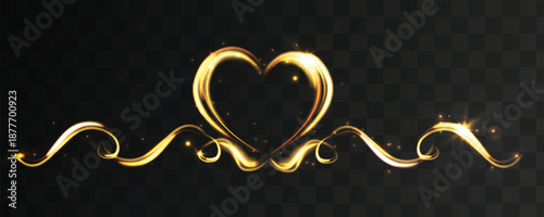 Golden glowing heart light trail with sparkling wave isolated on transparent background.