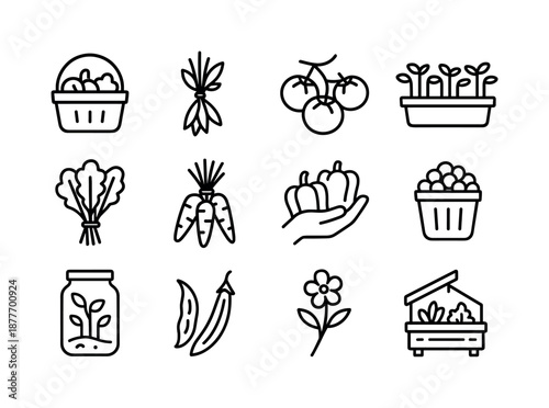 Urban Farming Icons. Urban farming. Line icon set of harvest items: produce basket, herb bundle, tomato cluster, microgreens tray, greens bunch, carrot bunch,