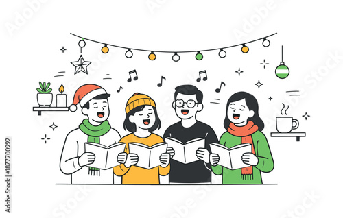 Cozy Christmas Singalong. Singing Christmas carols indoors. Friends singing near a decorated wall with lights and minimal ornaments. Cozy interior and relaxed