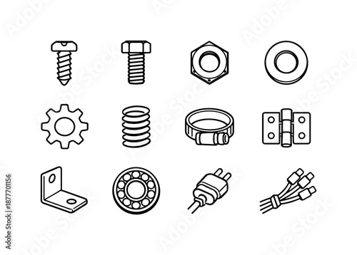 Assembly Component Icons. Assembly components. Line icon set of Assembly components: screw, bolt, nut, washer, gear, spring, clamp, hinge, bracket, bearing,