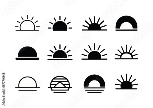 Sunrise Sunset Icon Set. Sunrise and sunset. Icon set. Set Logo of sunrise and sunset: rising sun horizon. harmonious logo variations: Minimal outline, Filled