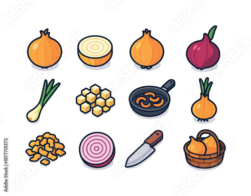 Onion Icon Set. Onion. Colorful isometric vector icons set of onion: whole onion bulb, sliced onion ring, peeled onion, red onion bulb, spring onion, chopped